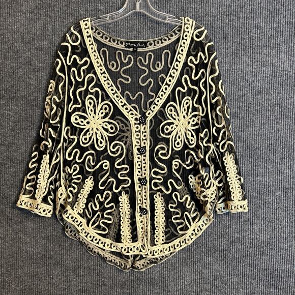 Pretty Angel Womens Lace Sheer Mesh Cardigan Size Medium Fairy Grunge Black Tan - Picture 1 of 8
